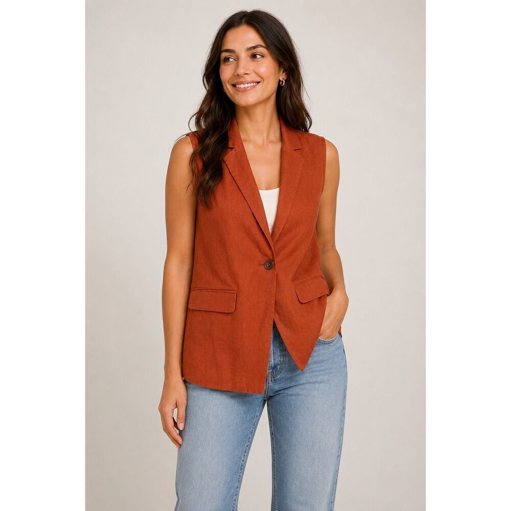 Evereve Linen Blend Sleeveless Blazer Vest Rust Orange Women’s Small